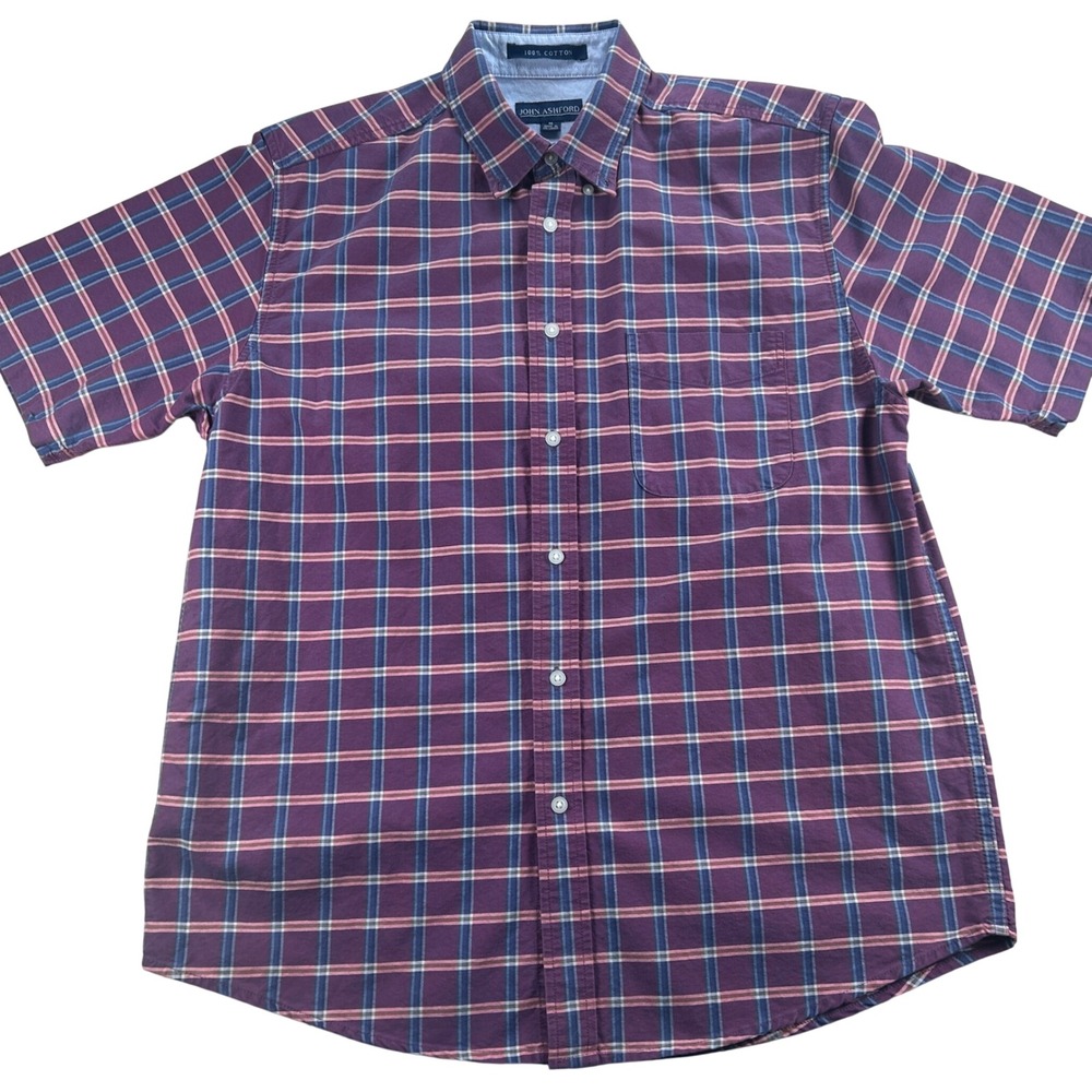 John Ashford Plaid Button Down Mens Medium Purple Blue‎ Casual Preppy VTG